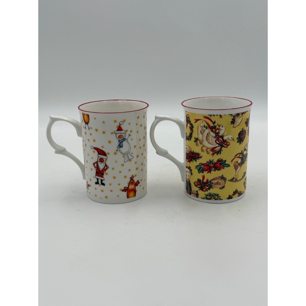 Rose of England Fine Bone China Christmas Mugs Set of 2 Holiday Santa Teddy Bear
